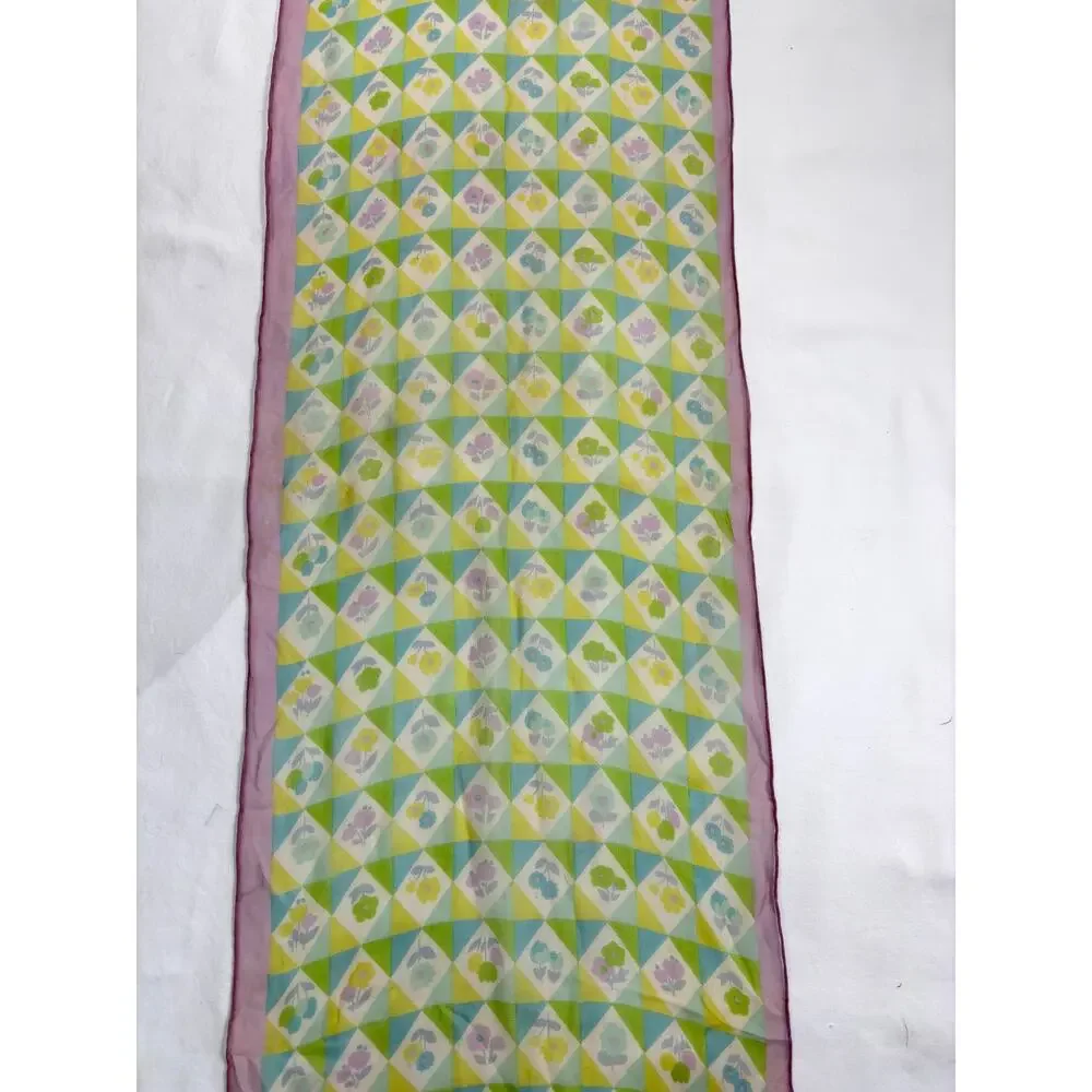Vintage 1960s Silk Chiffon Scarf Geometric Floral Purple Green Blue Hand Rolled
